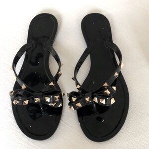 Stylish Black Bow Gold Studded Women's Jelly Sandals